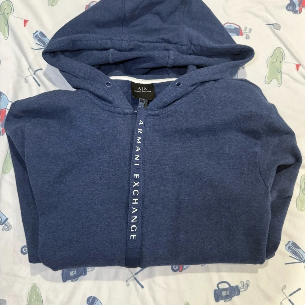 Armani Exchange Men's Dark Blue Hooded Zip-Up Sweater